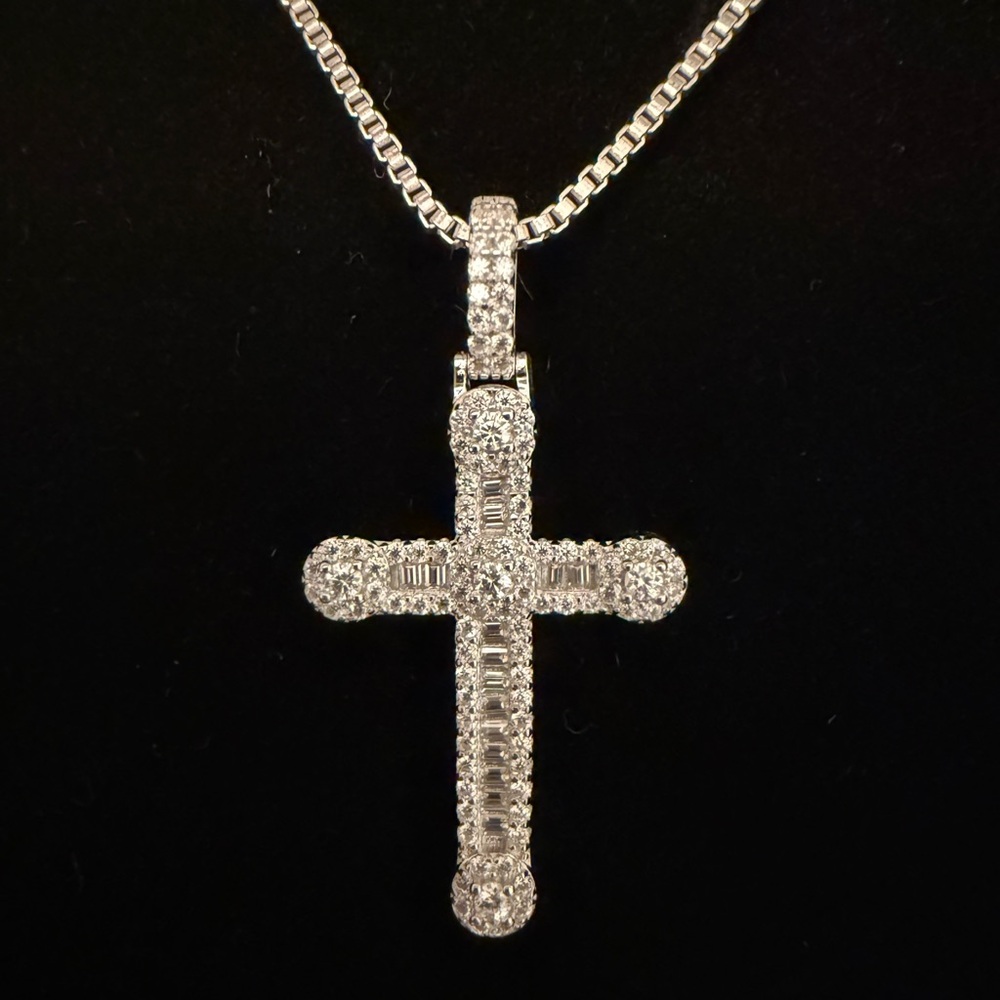 Sterling Silver Cross Pendant Necklace with Baguettes - Picture 4 of 5